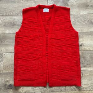 Vintage Zado Sweater Vest | Red Open Front Cardigan | 60s–70s Textured Knit